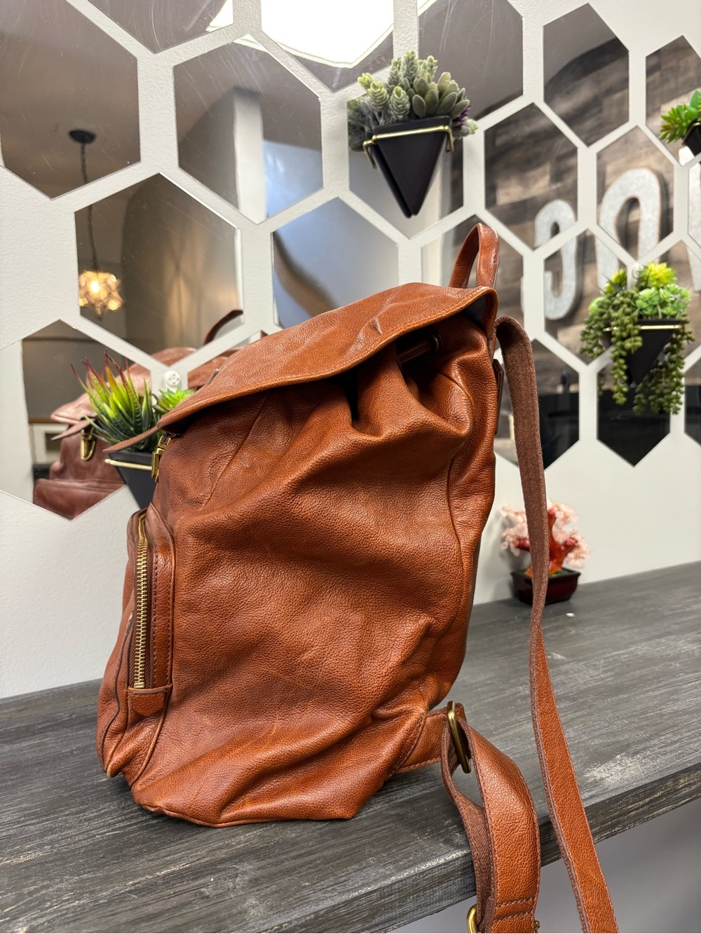 Fossil Tan Leather Backpack with Front Pocket - Picture 4 of 13